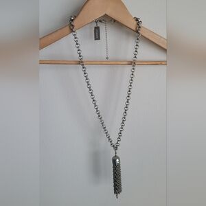 Chico's large brassy colored heavy link tassle necklace